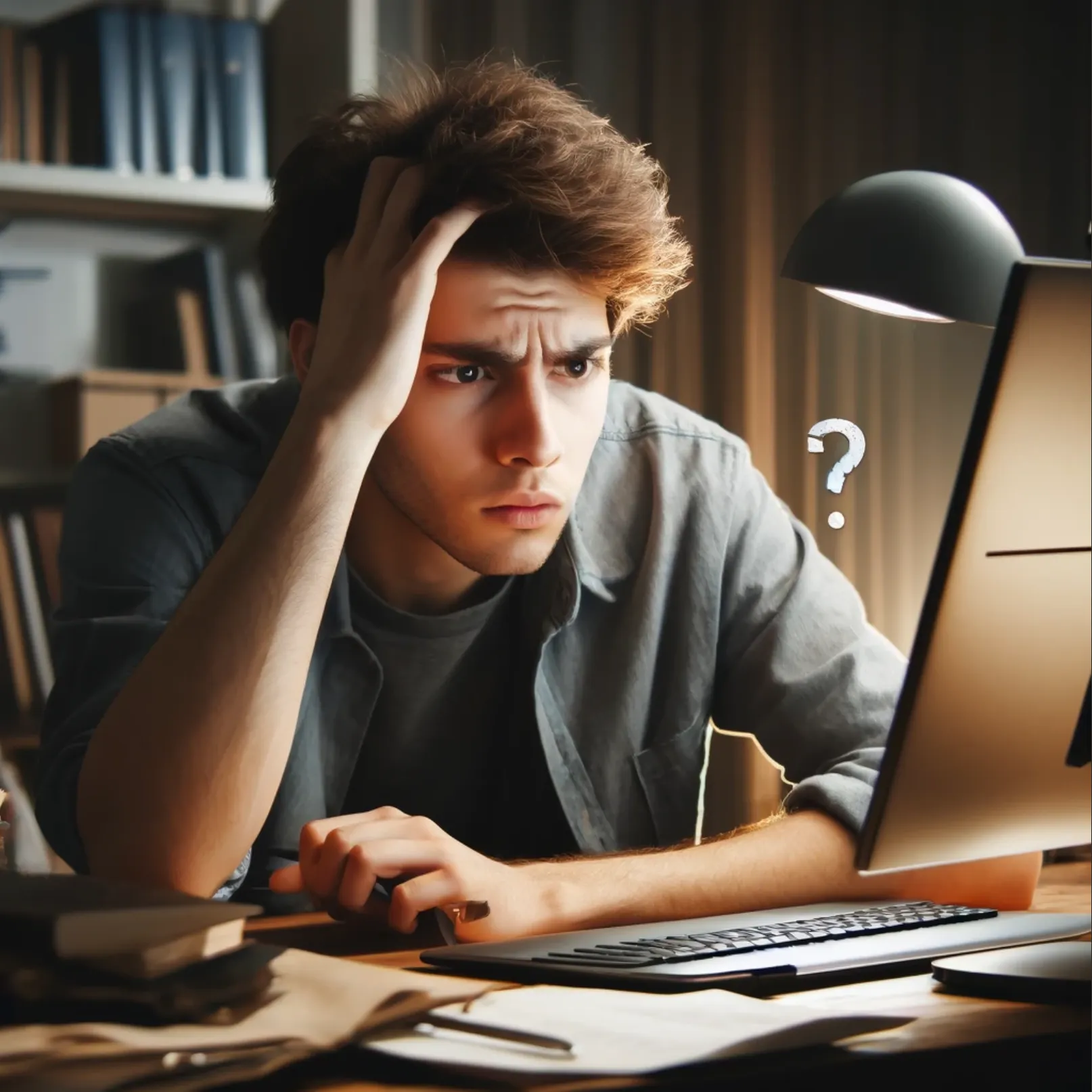  frustrated person trying to remember their password at a computer.