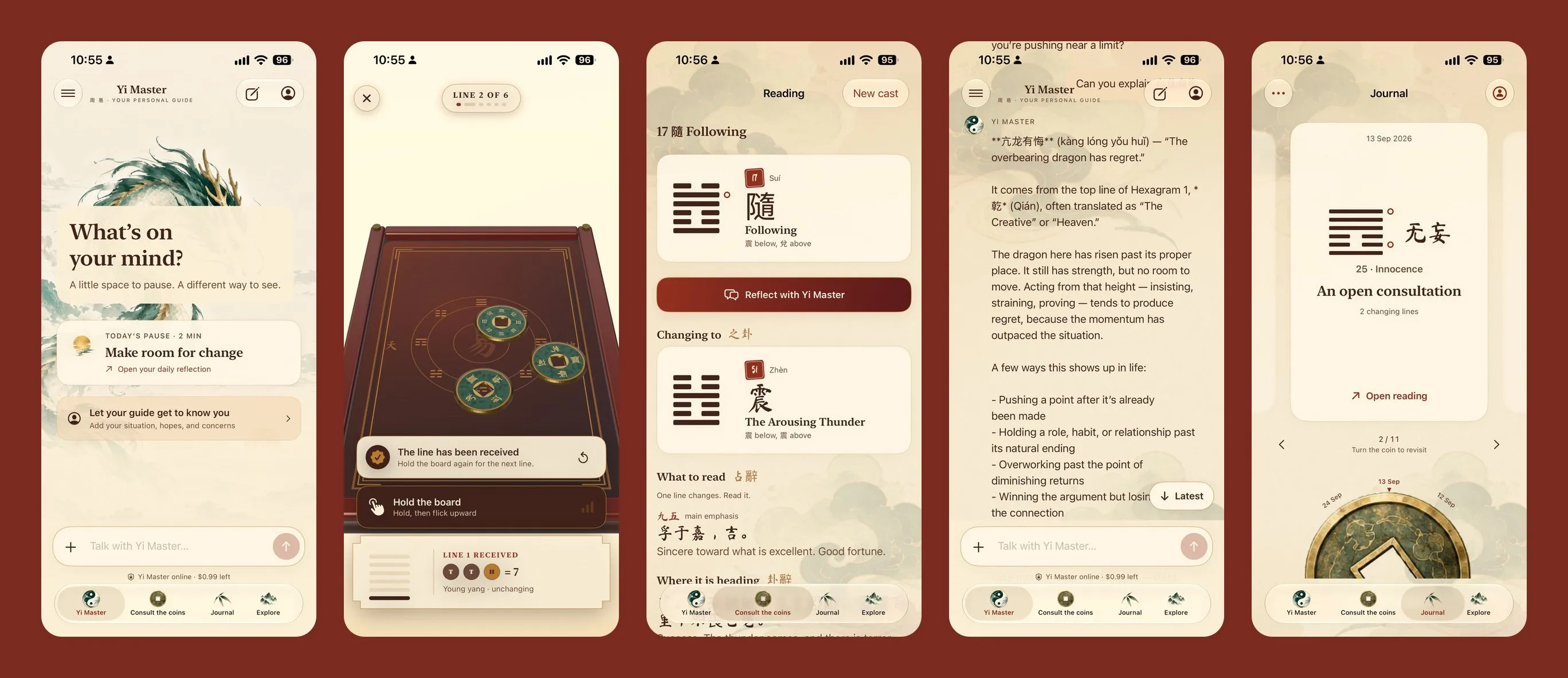 Zhouyi Master AI screens: home, coin toss, a reading, the Yi Master chat and the journal