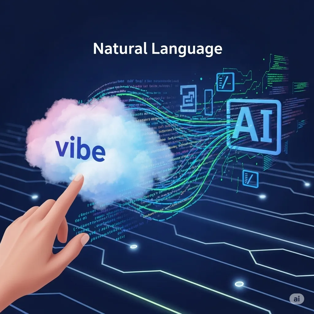 Futuristic concept art of natural language transforming into code, representing vibe coding